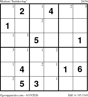 The grouppuzzles.com Medium Sudoku-6up puzzle for Friday June 19, 2026 with the first 3 steps marked