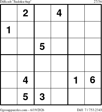 The grouppuzzles.com Difficult Sudoku-6up puzzle for Friday June 19, 2026
