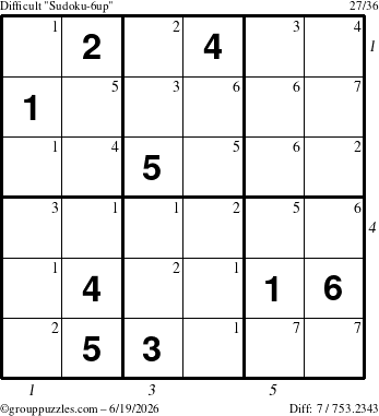 The grouppuzzles.com Difficult Sudoku-6up puzzle for Friday June 19, 2026 with all 7 steps marked