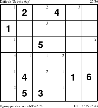 The grouppuzzles.com Difficult Sudoku-6up puzzle for Friday June 19, 2026 with the first 3 steps marked