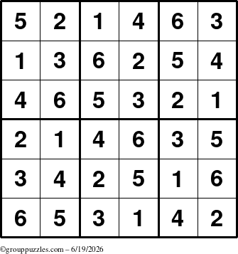 The grouppuzzles.com Answer grid for the Sudoku-6up puzzle for Friday June 19, 2026