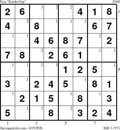 The grouppuzzles.com Easy Sudoku-8up puzzle for Friday June 19, 2026 with all 3 steps marked