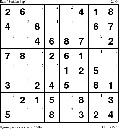 The grouppuzzles.com Easy Sudoku-8up puzzle for Friday June 19, 2026 with the first 3 steps marked