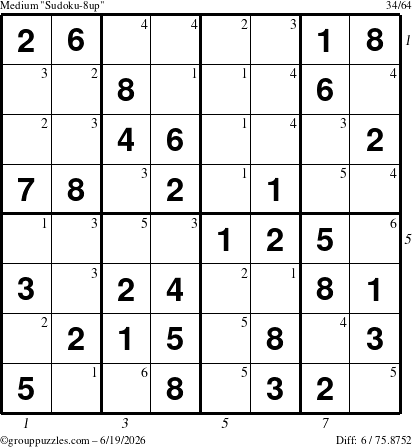 The grouppuzzles.com Medium Sudoku-8up puzzle for Friday June 19, 2026 with all 6 steps marked