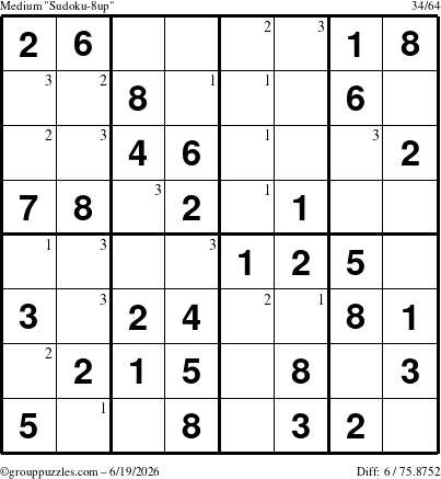 The grouppuzzles.com Medium Sudoku-8up puzzle for Friday June 19, 2026 with the first 3 steps marked