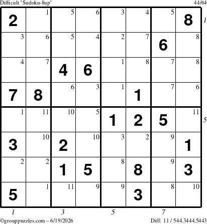 The grouppuzzles.com Difficult Sudoku-8up puzzle for Friday June 19, 2026 with all 11 steps marked
