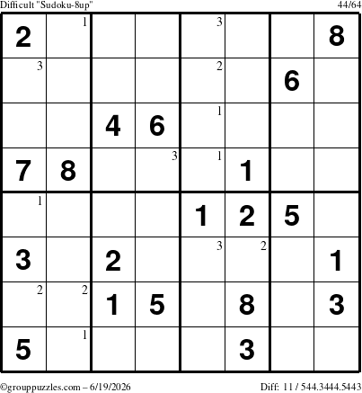 The grouppuzzles.com Difficult Sudoku-8up puzzle for Friday June 19, 2026 with the first 3 steps marked