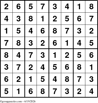 The grouppuzzles.com Answer grid for the Sudoku-8up puzzle for Friday June 19, 2026