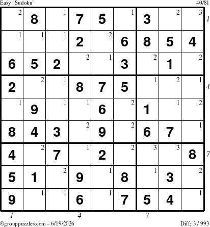 The grouppuzzles.com Easy Sudoku puzzle for Friday June 19, 2026, suitable for printing, with all 3 steps marked