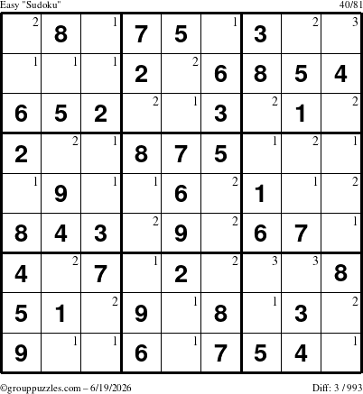 The grouppuzzles.com Easy Sudoku puzzle for Friday June 19, 2026 with the first 3 steps marked