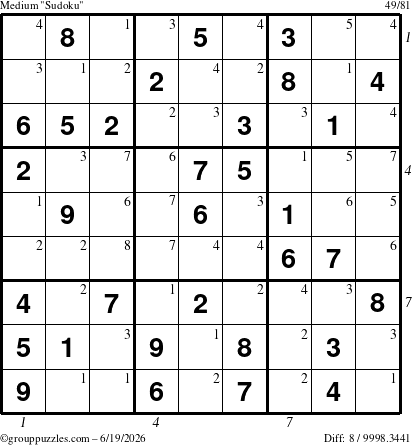 The grouppuzzles.com Medium Sudoku puzzle for Friday June 19, 2026 with all 8 steps marked