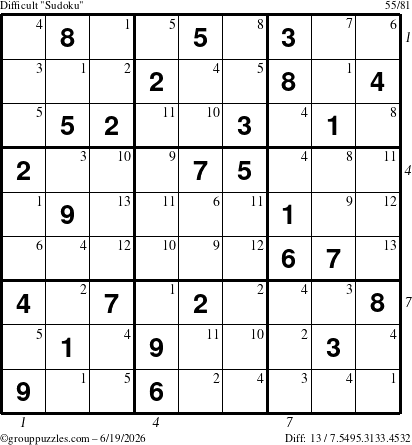 The grouppuzzles.com Difficult Sudoku puzzle for Friday June 19, 2026, suitable for printing, with all 13 steps marked
