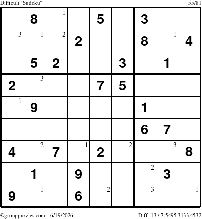 The grouppuzzles.com Difficult Sudoku puzzle for Friday June 19, 2026 with the first 3 steps marked