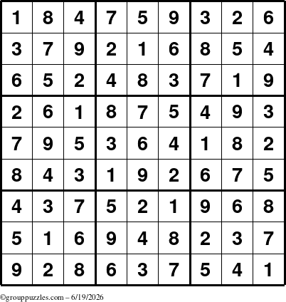 The grouppuzzles.com Answer grid for the Sudoku puzzle for Friday June 19, 2026
