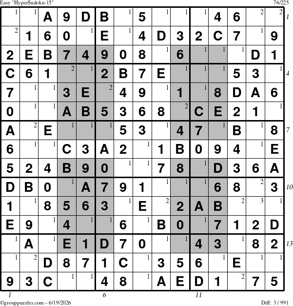 The grouppuzzles.com Easy HyperSudoku-15 puzzle for Friday June 19, 2026 with all 3 steps marked