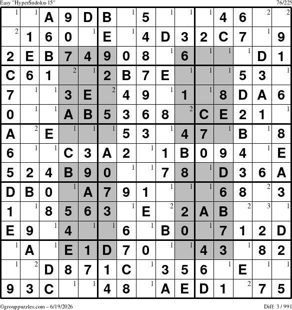 The grouppuzzles.com Easy HyperSudoku-15 puzzle for Friday June 19, 2026 with the first 3 steps marked