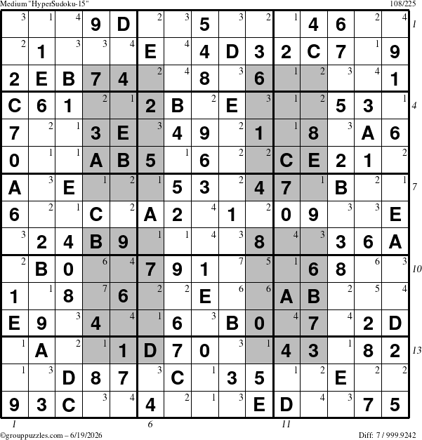 The grouppuzzles.com Medium HyperSudoku-15 puzzle for Friday June 19, 2026, suitable for printing, with all 7 steps marked