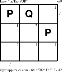 The grouppuzzles.com Easy TicTac-PQR puzzle for Friday June 19, 2026, suitable for printing, with all 2 steps marked