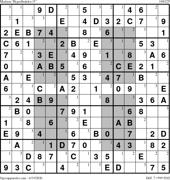 The grouppuzzles.com Medium HyperSudoku-15 puzzle for Friday June 19, 2026 with the first 3 steps marked