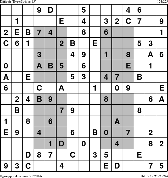 The grouppuzzles.com Difficult HyperSudoku-15 puzzle for Friday June 19, 2026