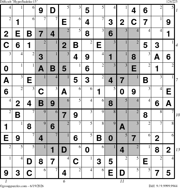 The grouppuzzles.com Difficult HyperSudoku-15 puzzle for Friday June 19, 2026, suitable for printing, with all 9 steps marked