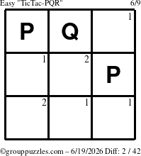 The grouppuzzles.com Easy TicTac-PQR puzzle for Friday June 19, 2026 with the first 2 steps marked