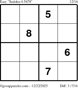 The grouppuzzles.com Easy Sudoku-4-5678 puzzle for Monday December 22, 2025