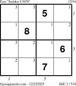 The grouppuzzles.com Easy Sudoku-4-5678 puzzle for Monday December 22, 2025 with all 3 steps marked