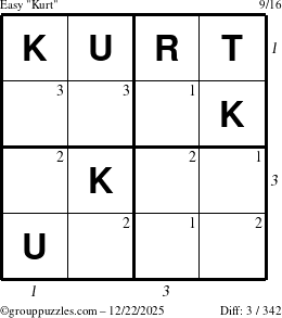The grouppuzzles.com Easy Kurt puzzle for Monday December 22, 2025, suitable for printing, with all 3 steps marked