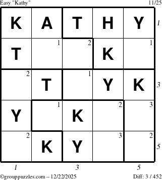 The grouppuzzles.com Easy Kathy puzzle for Monday December 22, 2025, suitable for printing, with all 3 steps marked