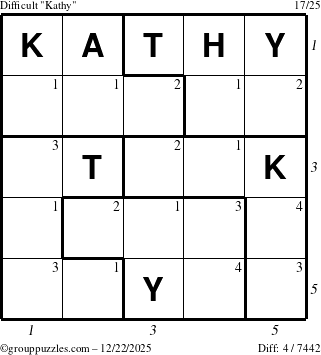 The grouppuzzles.com Difficult Kathy puzzle for Monday December 22, 2025, suitable for printing, with all 4 steps marked