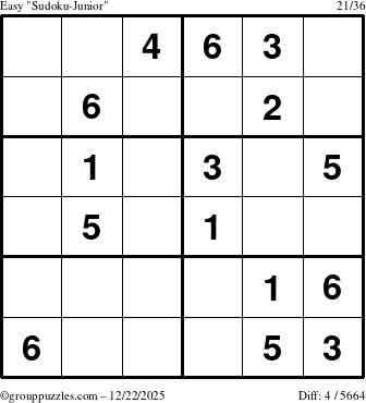 The grouppuzzles.com Easy Sudoku-Junior puzzle for Monday December 22, 2025
