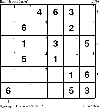 The grouppuzzles.com Easy Sudoku-Junior puzzle for Monday December 22, 2025, suitable for printing, with all 4 steps marked
