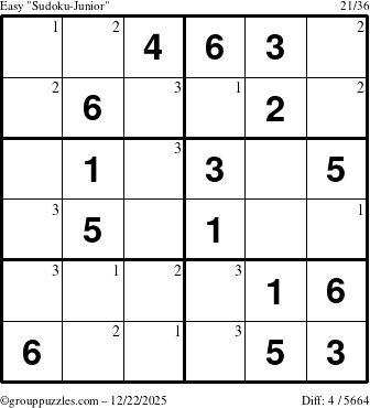 The grouppuzzles.com Easy Sudoku-Junior puzzle for Monday December 22, 2025 with the first 3 steps marked
