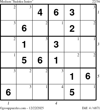 The grouppuzzles.com Medium Sudoku-Junior puzzle for Monday December 22, 2025 with all 4 steps marked