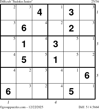 The grouppuzzles.com Difficult Sudoku-Junior puzzle for Monday December 22, 2025, suitable for printing, with all 5 steps marked