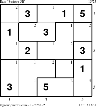 The grouppuzzles.com Easy Sudoku-5B puzzle for Monday December 22, 2025, suitable for printing, with all 3 steps marked