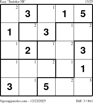 The grouppuzzles.com Easy Sudoku-5B puzzle for Monday December 22, 2025 with the first 3 steps marked