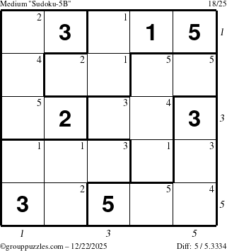 The grouppuzzles.com Medium Sudoku-5B puzzle for Monday December 22, 2025 with all 5 steps marked