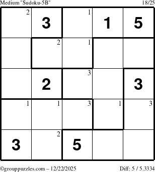The grouppuzzles.com Medium Sudoku-5B puzzle for Monday December 22, 2025 with the first 3 steps marked