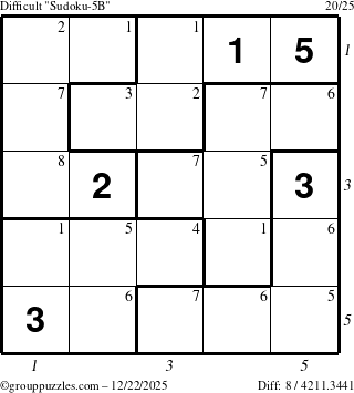 The grouppuzzles.com Difficult Sudoku-5B puzzle for Monday December 22, 2025 with all 8 steps marked