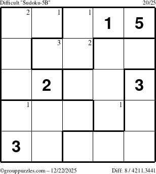 The grouppuzzles.com Difficult Sudoku-5B puzzle for Monday December 22, 2025 with the first 3 steps marked