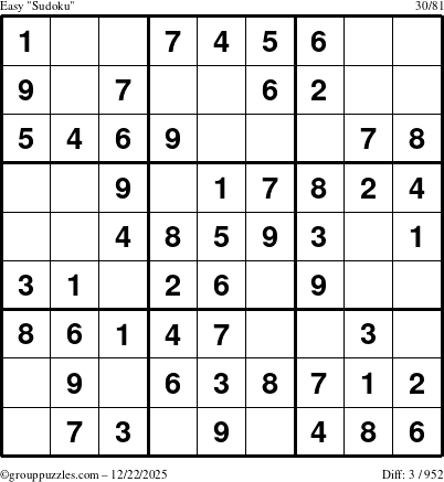 The grouppuzzles.com Easy Sudoku puzzle for Monday December 22, 2025