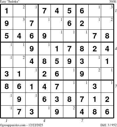 The grouppuzzles.com Easy Sudoku puzzle for Monday December 22, 2025, suitable for printing, with all 3 steps marked