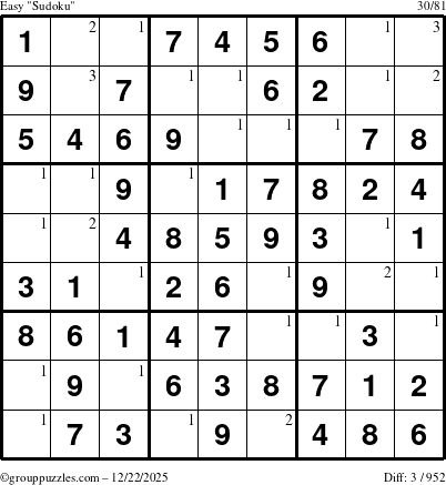 The grouppuzzles.com Easy Sudoku puzzle for Monday December 22, 2025 with the first 3 steps marked