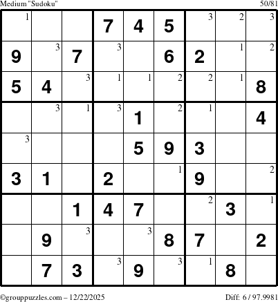 The grouppuzzles.com Medium Sudoku puzzle for Monday December 22, 2025 with the first 3 steps marked