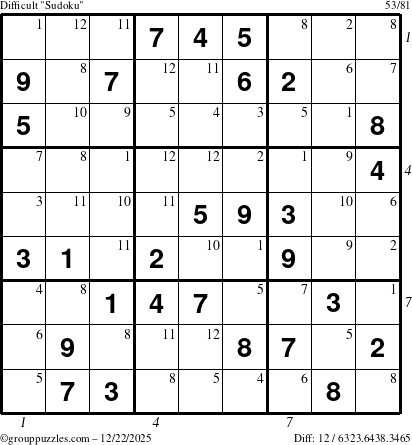 The grouppuzzles.com Difficult Sudoku puzzle for Monday December 22, 2025, suitable for printing, with all 12 steps marked