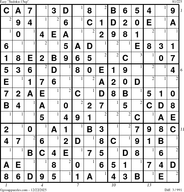 The grouppuzzles.com Easy Sudoku-15up puzzle for Monday December 22, 2025, suitable for printing, with all 3 steps marked