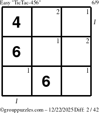 The grouppuzzles.com Easy TicTac-456 puzzle for Monday December 22, 2025, suitable for printing, with all 2 steps marked