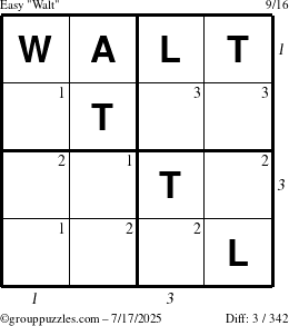The grouppuzzles.com Easy Walt puzzle for Thursday July 17, 2025 with all 3 steps marked